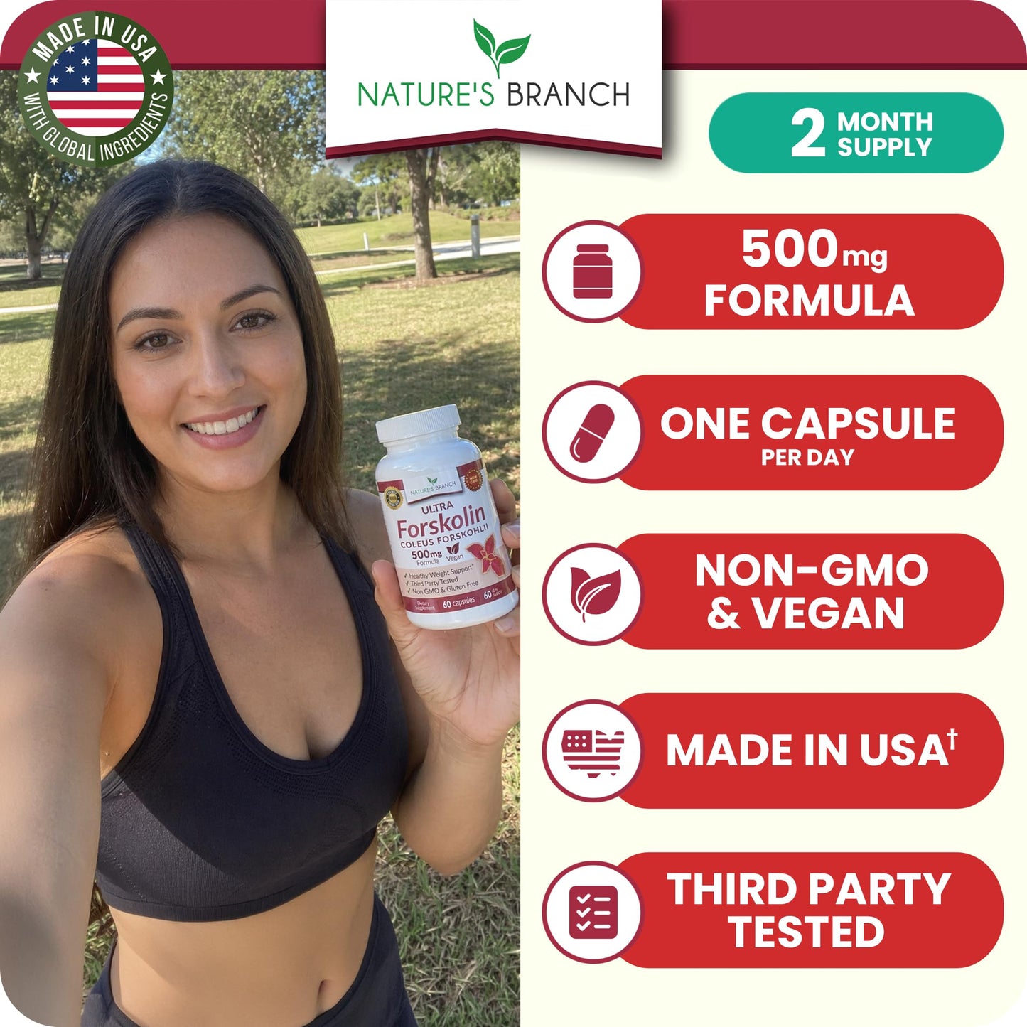Nature's Branch Ultra Forskolin Supplement 500mg, Coleus Forskohlii for Weight Management Vegan Capsules 60 Count