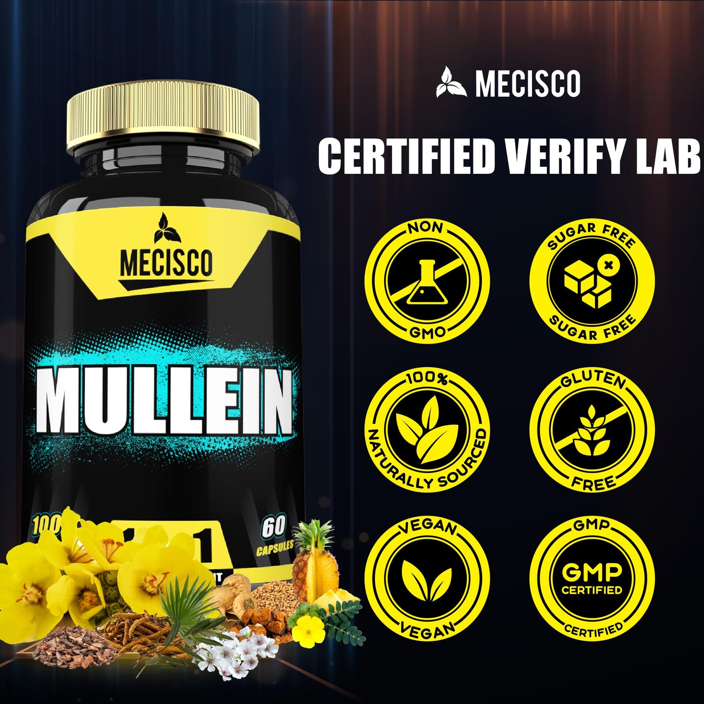 Mecisco 11in1 Mullein Leaf Capsules with Panax Ginseng Root, Cordyceps Sinensis & More, 60 Capsules