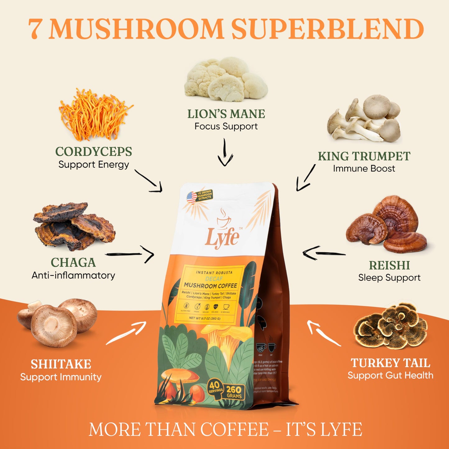LYFE Organic Instant Decaf Mushroom Coffee Powder 9.17 oz