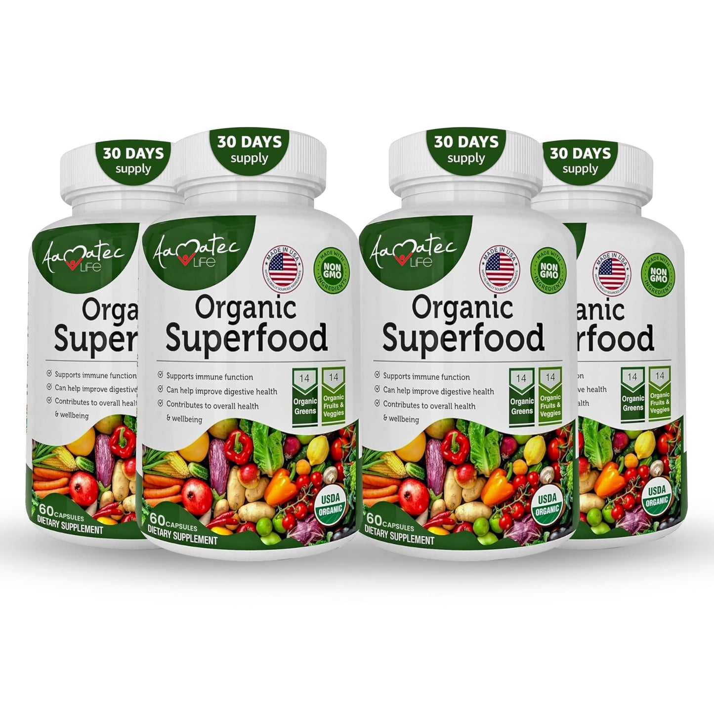 AAMATEC LIFE Organic Superfood Greens, Fruits & Veggies Complex with Alfalfa & Antioxidant Organic Ingredients Non-GMO Capsules 240
