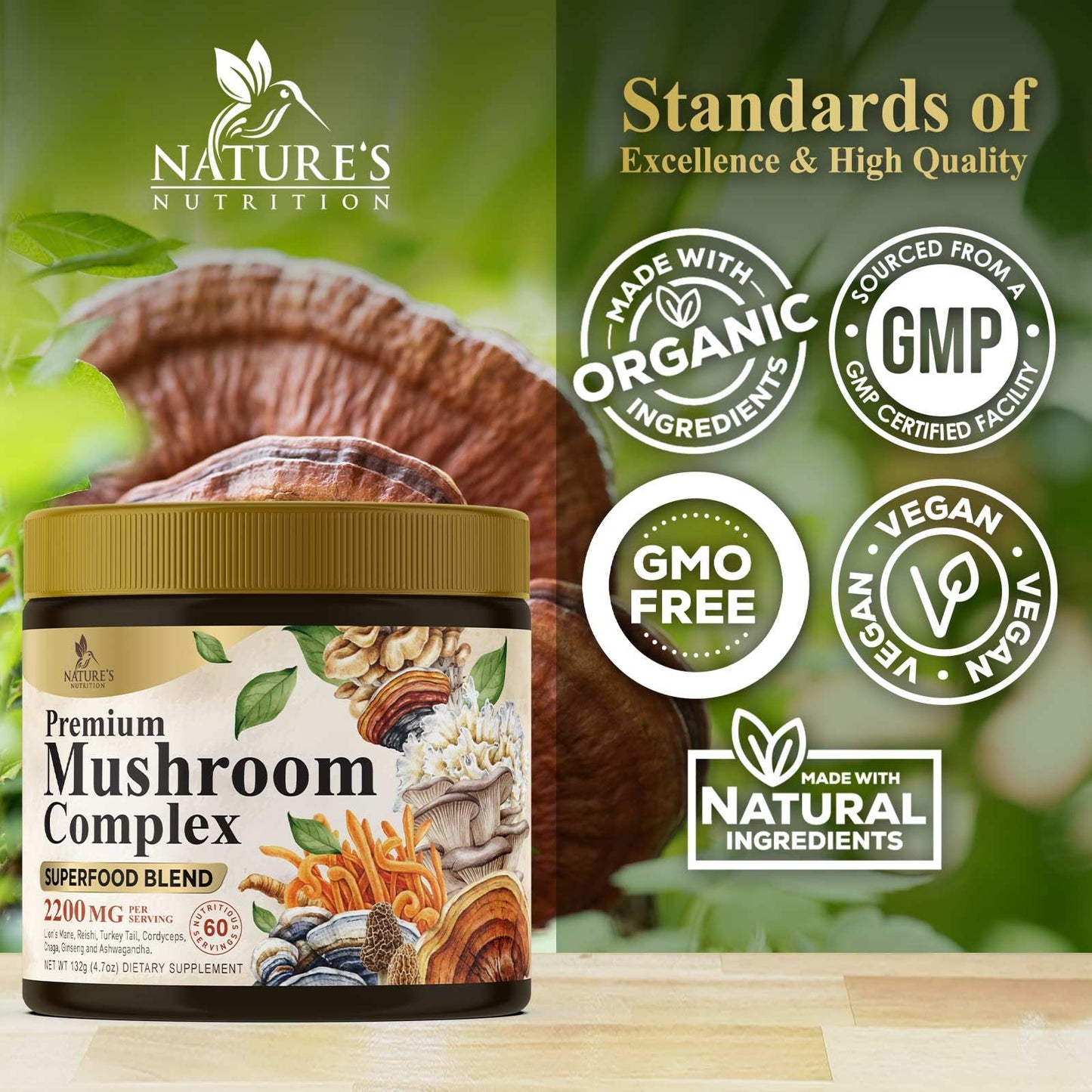 Nature's Nutrition Mushroom Powder Supplement - 11-in-1 Blend - Organic Lions Mane, Reishi, Cordyceps, Chaga, Turkey Tail Mushroom Extract Powder - Brain & Immune Support, 60 Servings