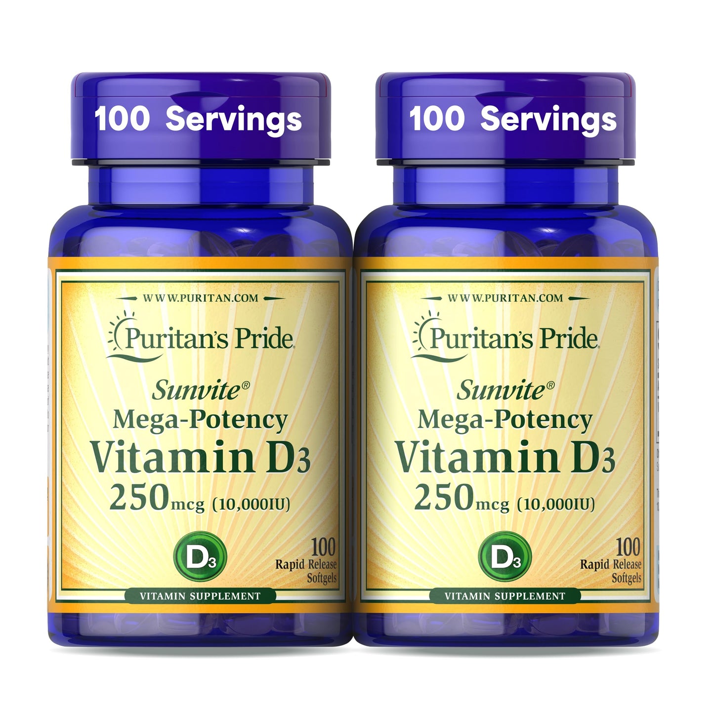 Puritan's Pride Premium Sunvite Mega-Potency Vitamin D3 10,000 IU Caplets, 200 Count