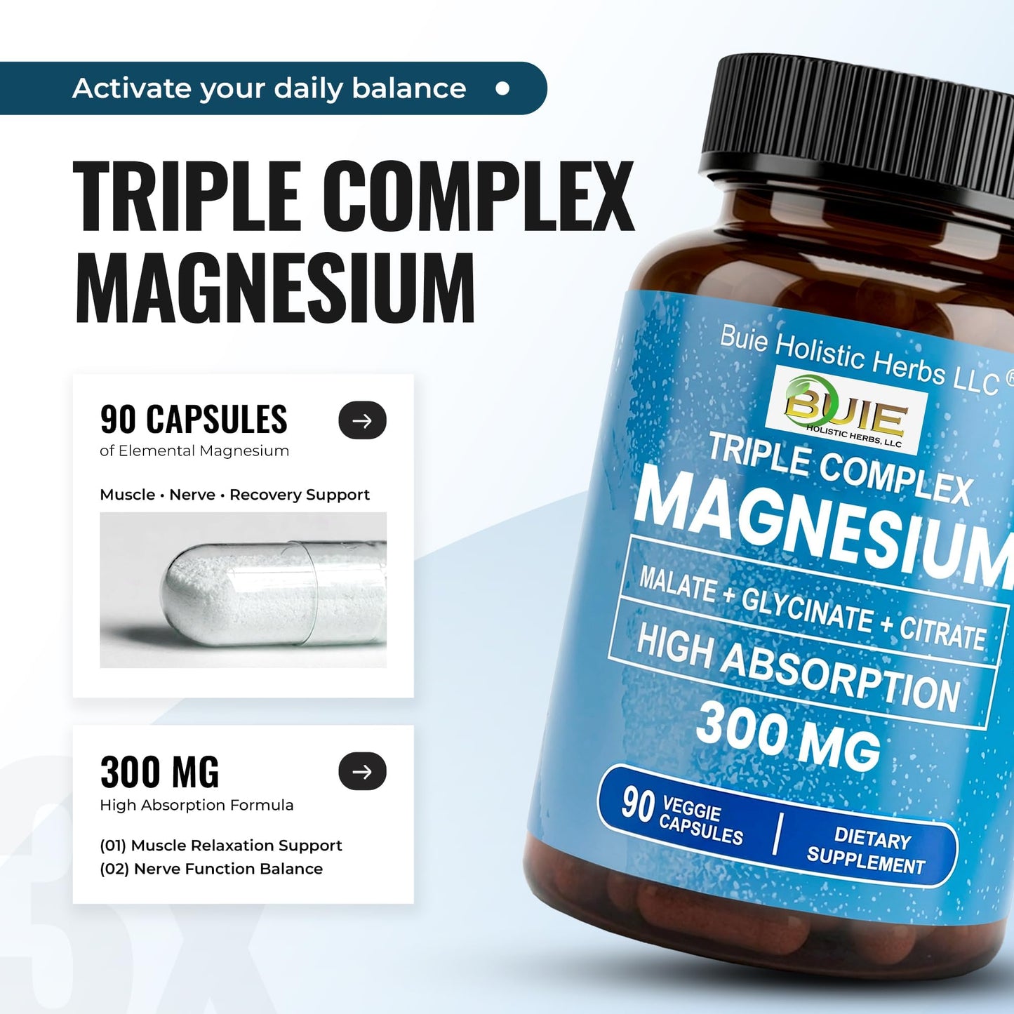 BUIE Triple Complex Magnesium Glycinate, Citrate & Malate 300mg, 90 Capsules