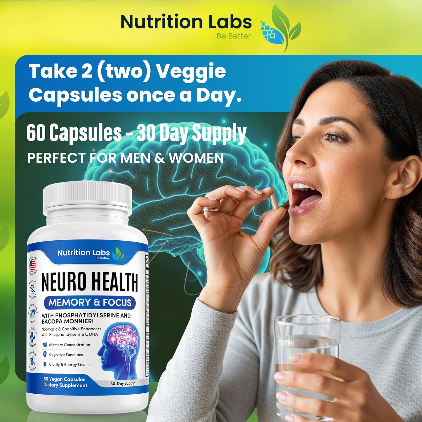 NUTRITION LABS BE BETTER Nootropic & Neuro Brain Supplement for Memory & Focus Support Capsule 1 Count