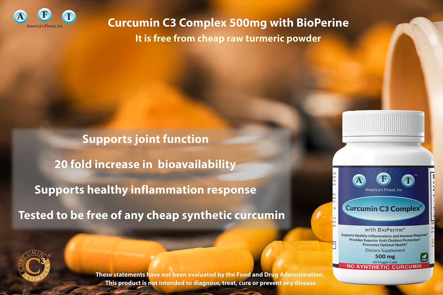 AFI America's Finest Inc Curcumin C3 Complex 500mg with BioPerine Veg Capsules, 60 Count