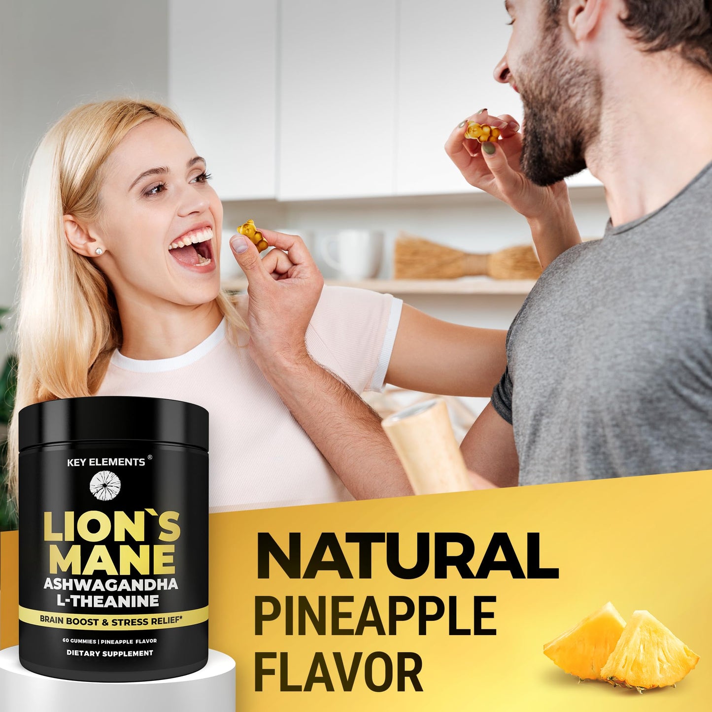 KEY ELEMENTS Lion's Mane Mushroom Gummies with Ashwagandha & L-Theanine, High Strength, 60 Gummies