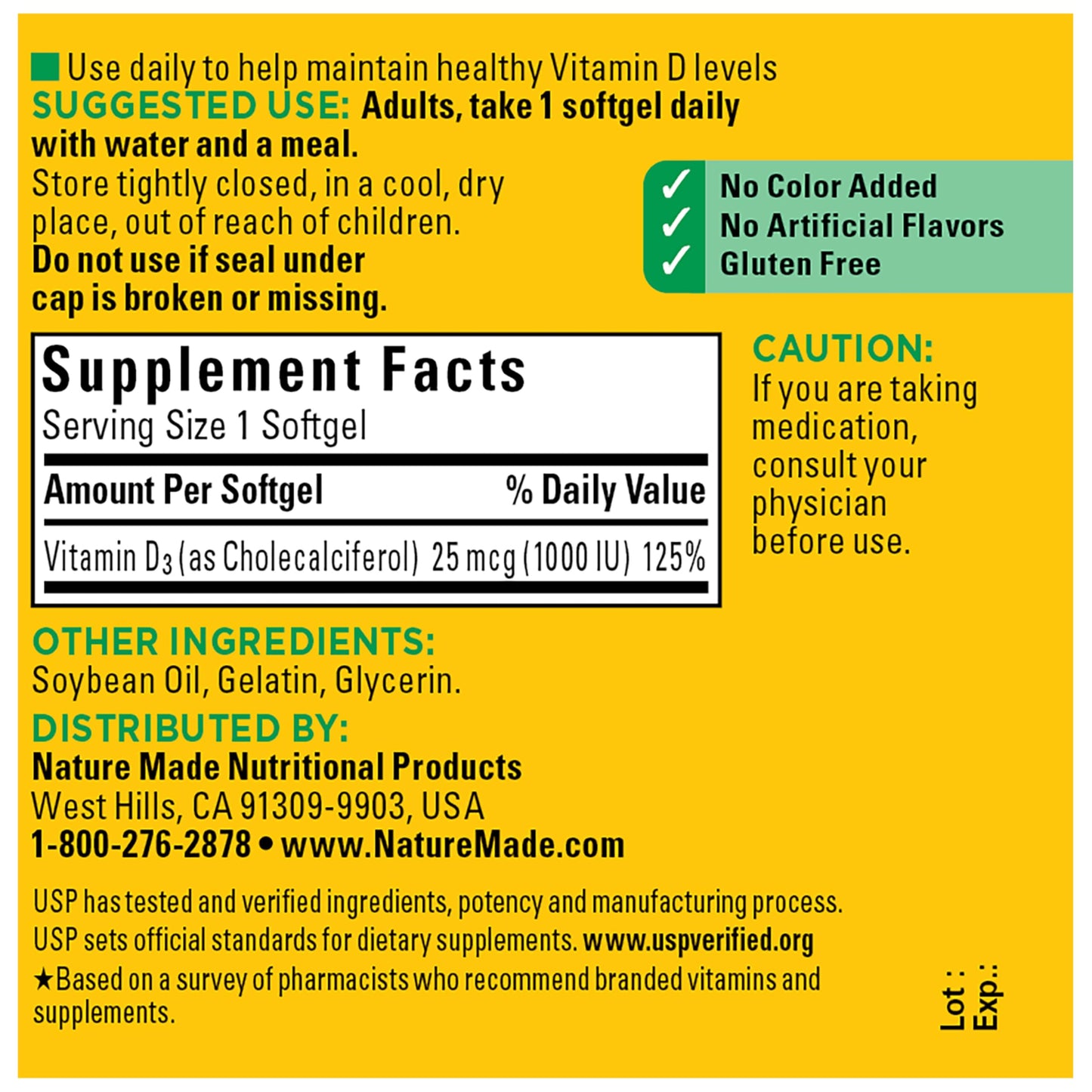 Nature Made Vitamin D3 1000 IU (25 mcg) Softgels, 100 Count