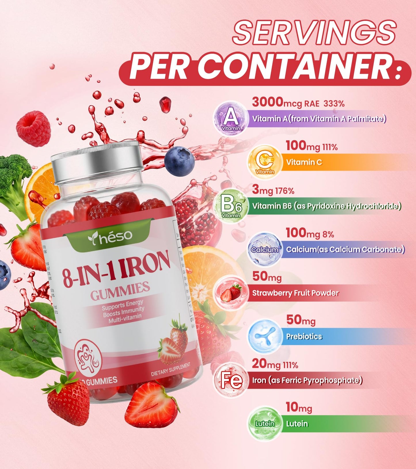 Yheso Kids Iron Capsules 20 mg with Vitamin A, C, B6 & Lutein – Sugar Free Children’s Multivitamin for Daily Nutrition – Strawberry Flavor, 120 Capsules