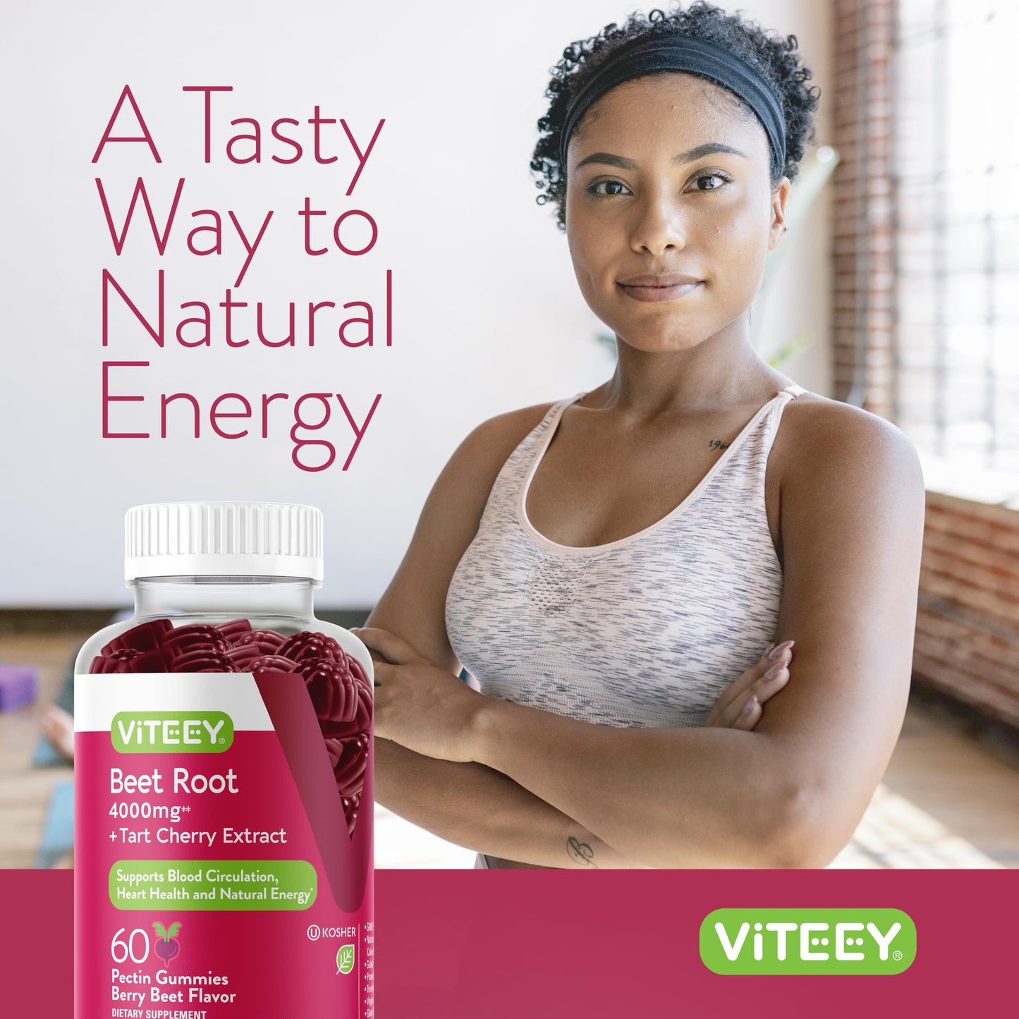 Viteey Beet Root Gummies 4000mg from 80mg of 50:1 Extract with Tart Cherry, Vegan, Gelatin Free, Gluten Free, 120 Gummies
