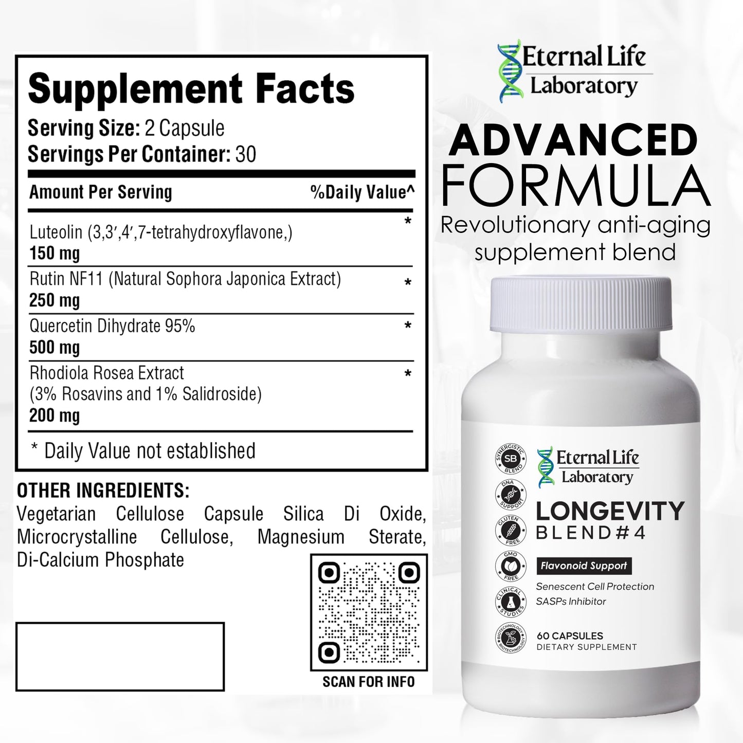 Eternal Life Laboratory Quercitin, Rhodiola Rosea, Luteolin and Rutin Longevity Blend #4 Anti-Aging Supplement for Cellular Defense with Immunity and Energy Support, Antioxidants, 1 Capsule