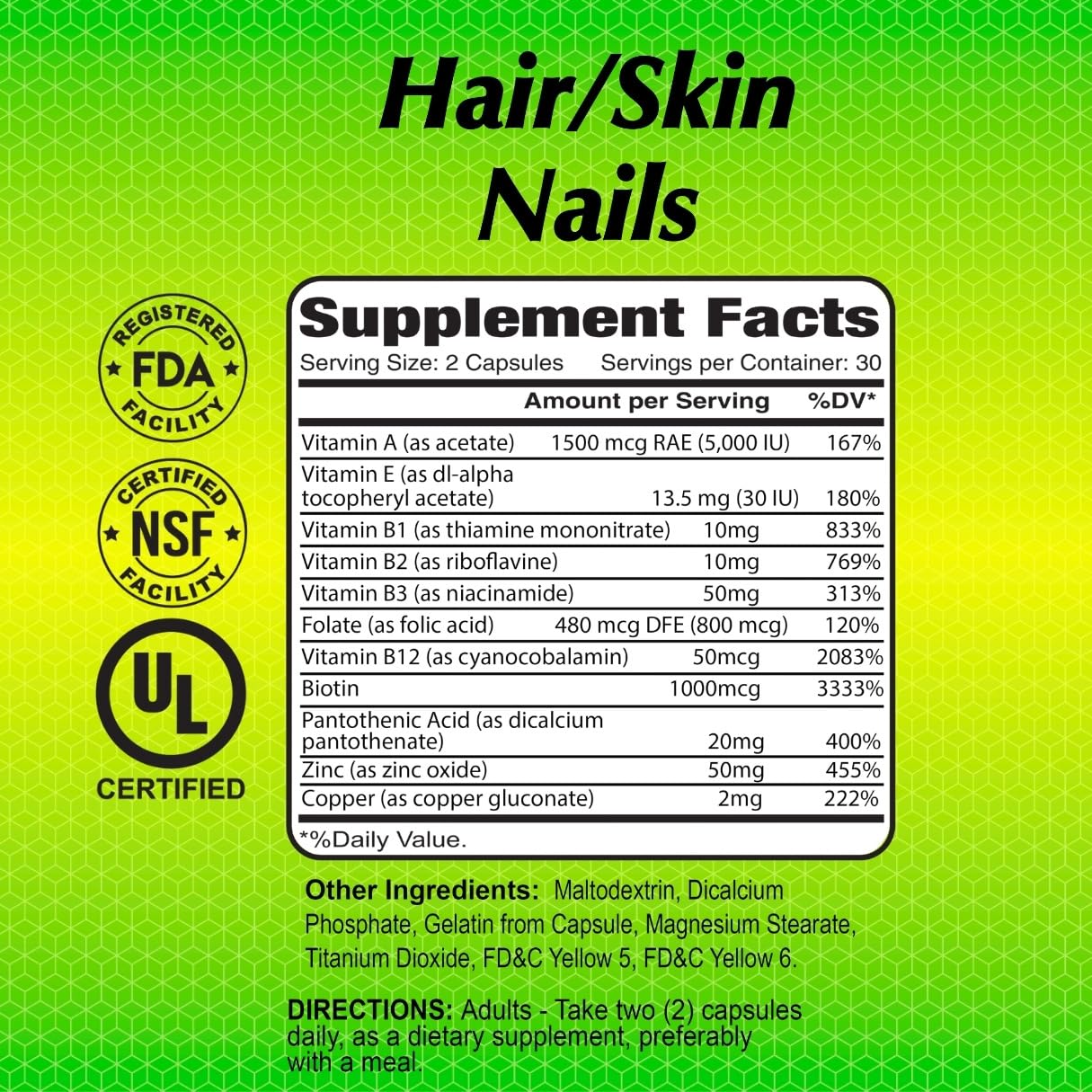 ALFA VITAMINS Hair/Skin Nails Natural Dietary Supplement - Essential Vitamins and Minerals for Skin, Hair, and Nails Health Tablets 60
