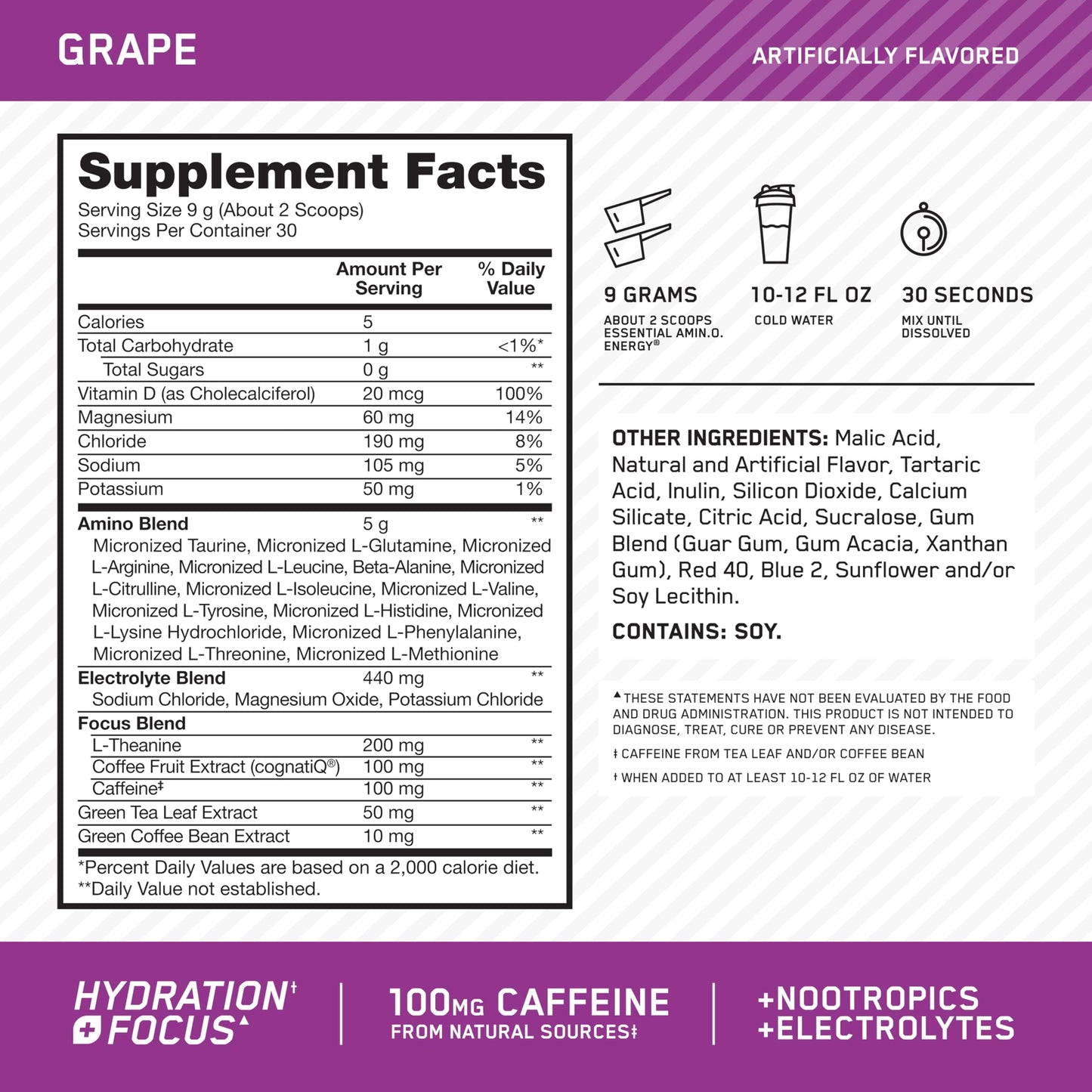 Optimum Nutrition Amino Energy Powder Plus Focus with BCAA, Electrolytes, and Caffeine, 9.5 oz