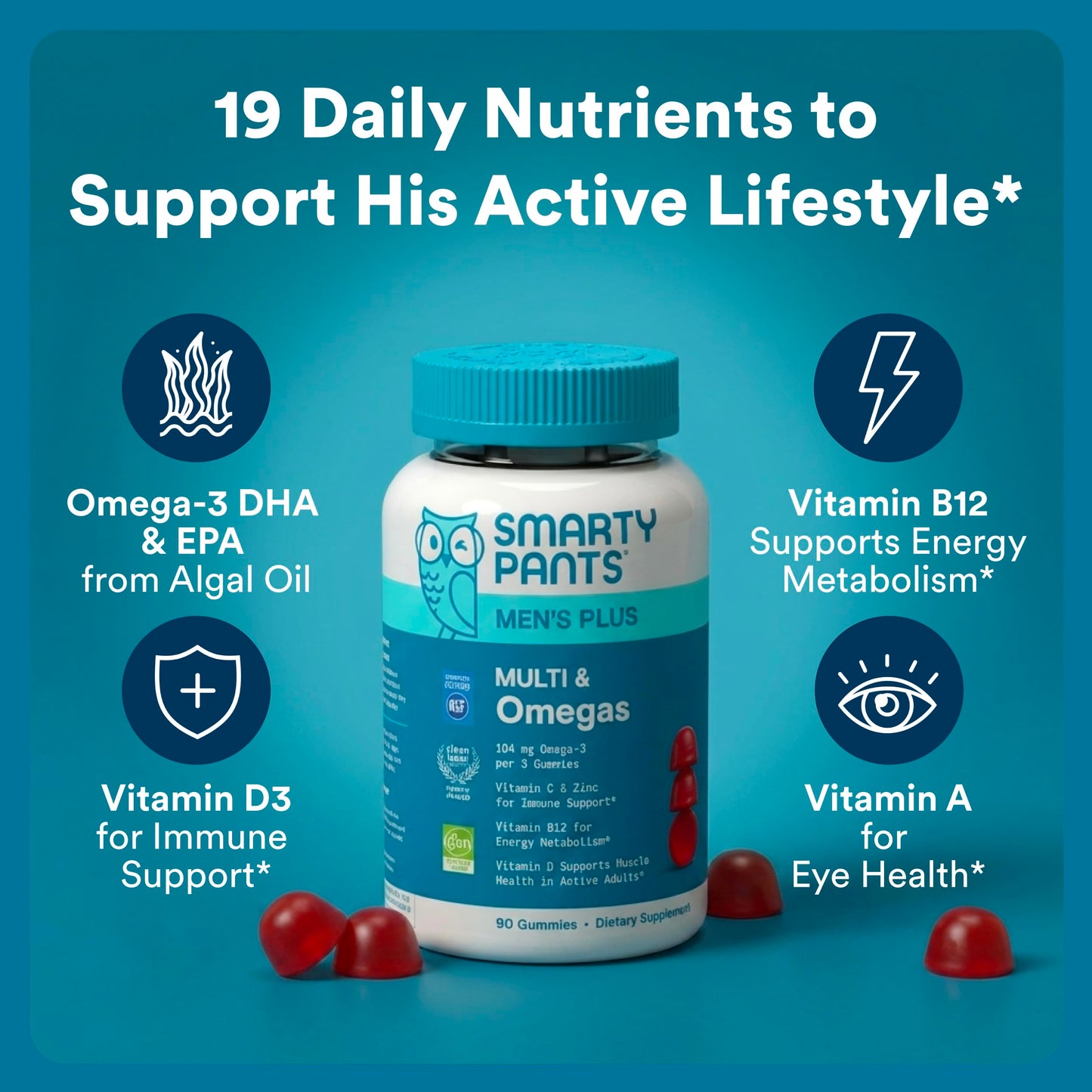 SmartyPants Men's Multivitamin Gummies with Omega 3 DHA/EPA, Methylfolate, Vitamin D3, C, B12, B6, A, K, Zinc, Raspberry Lemonade Flavor, 1 Count