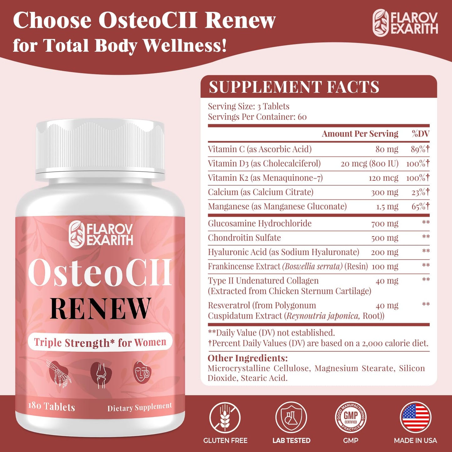 Flarovexarith OsteoCII Renew Triple Strength – Advanced Joint, Bone & Skin Formula, 180 Tablets