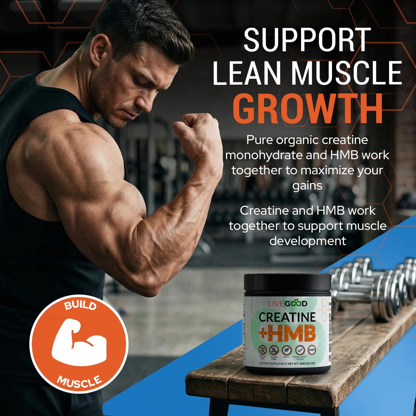 LIVEGOOD Creatine Monohydrate with HMB Powder, Unflavored, 8.5 oz