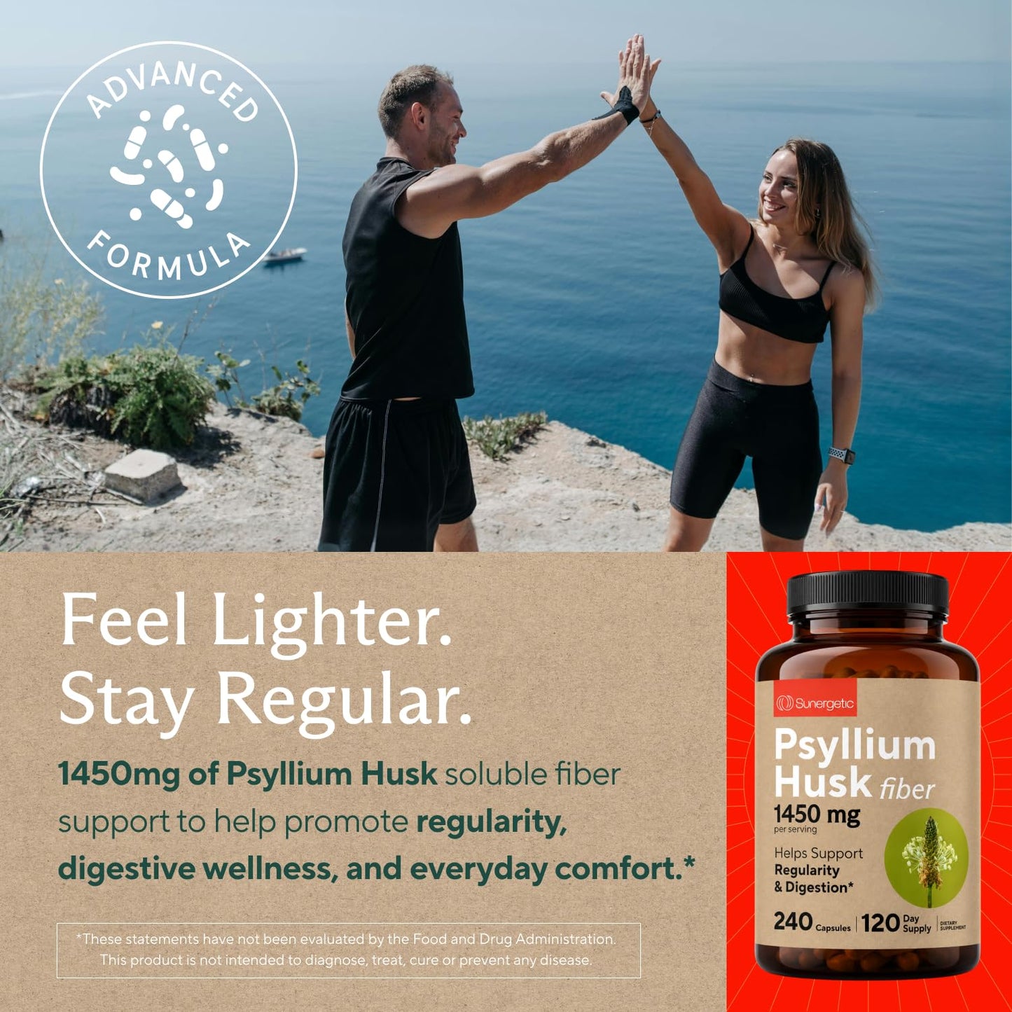 Sunergetic Psyllium Husk Fiber Supplement 1450mg 240 Capsules