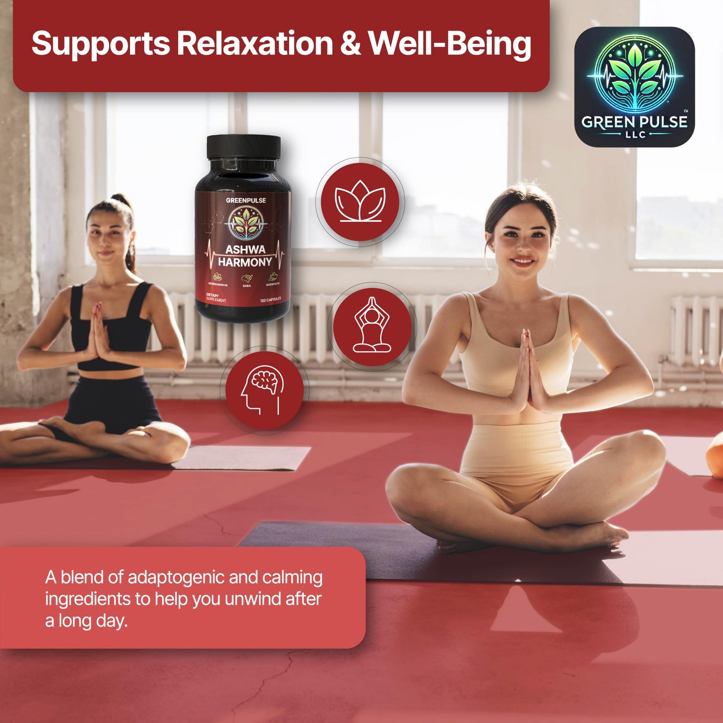 GREENPULSE Ashwa Harmony Adaptogenic Blend with Ashwagandha, GABA, Magnesium Glycinate, 120 Capsules