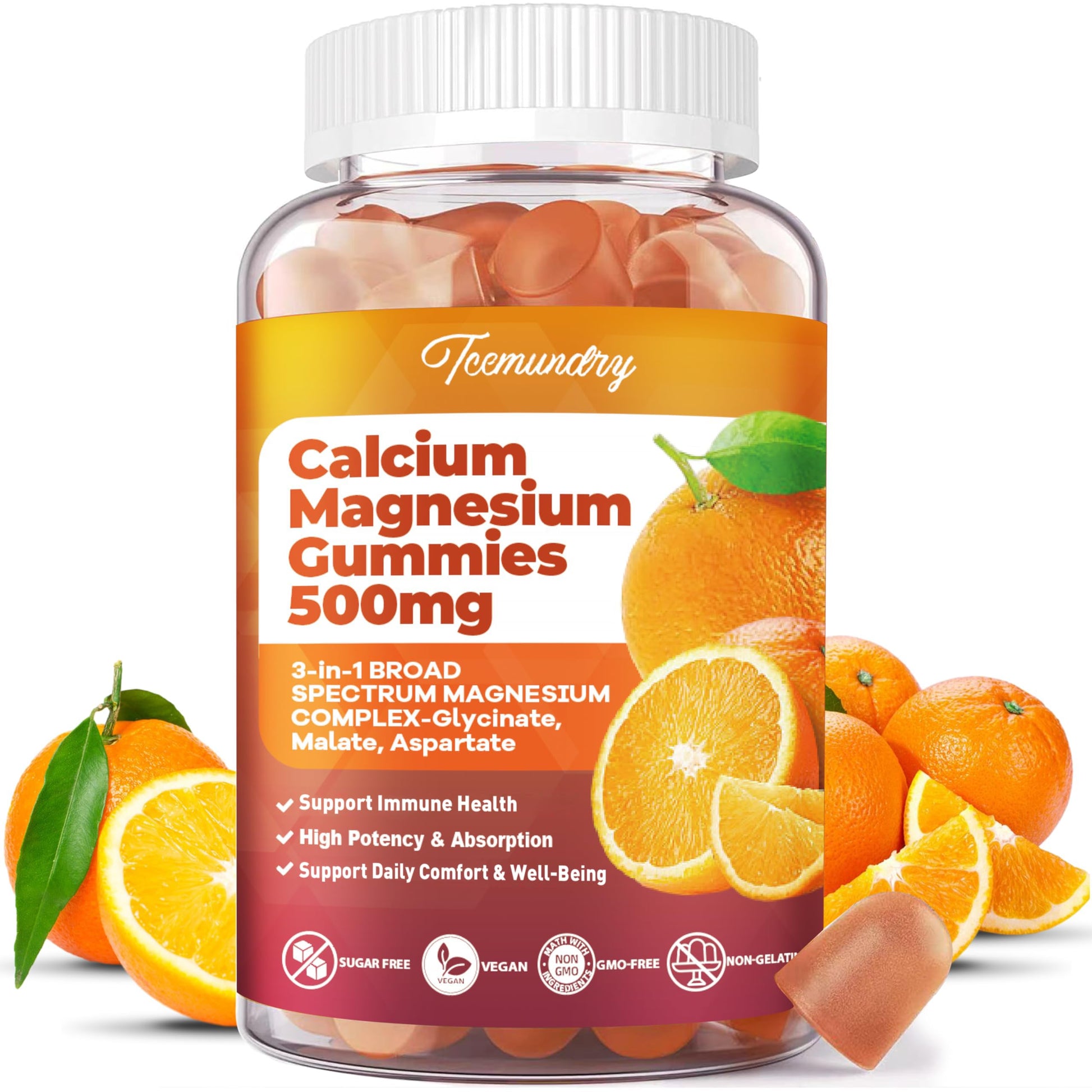 Tcemundry Calcium Magnesium Gummies with Calcium Citrate 600 mg, Vitamin D3 & K2 for Bone Strength, Sleep Support, Muscles & Immune Health - 60 Count