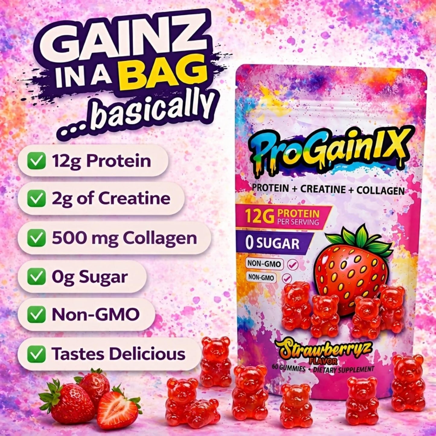 ProGainIX Protein Gummies - 3 in 1 formula with 12g Protein, Creatine Monohydrate & Collagen Peptides - Strawberry Flavor, Zero Sugar, 60 Gummies