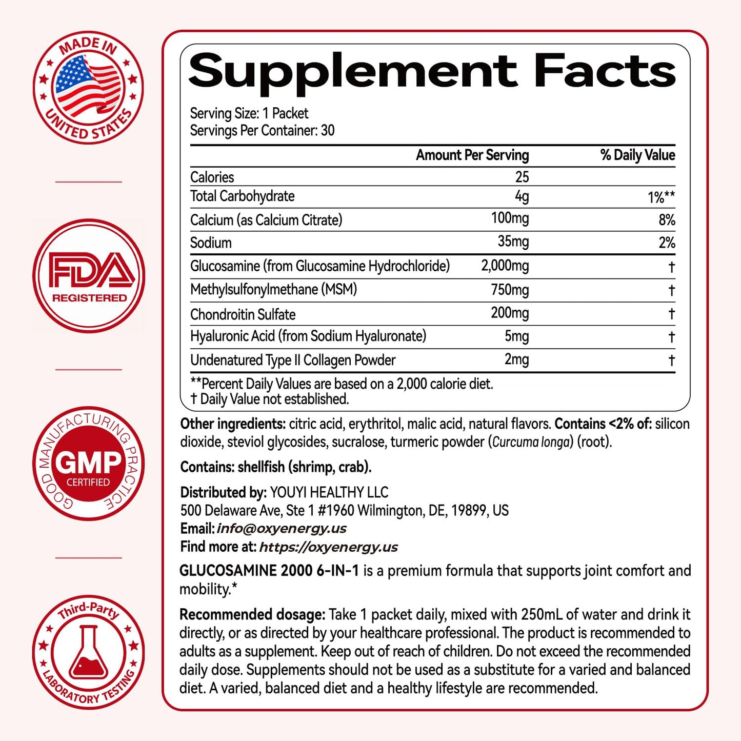 OxyEnergy Glucosamine Chondroitin MSM 2000 mg Joint Support Supplement Tablet, 30 Count