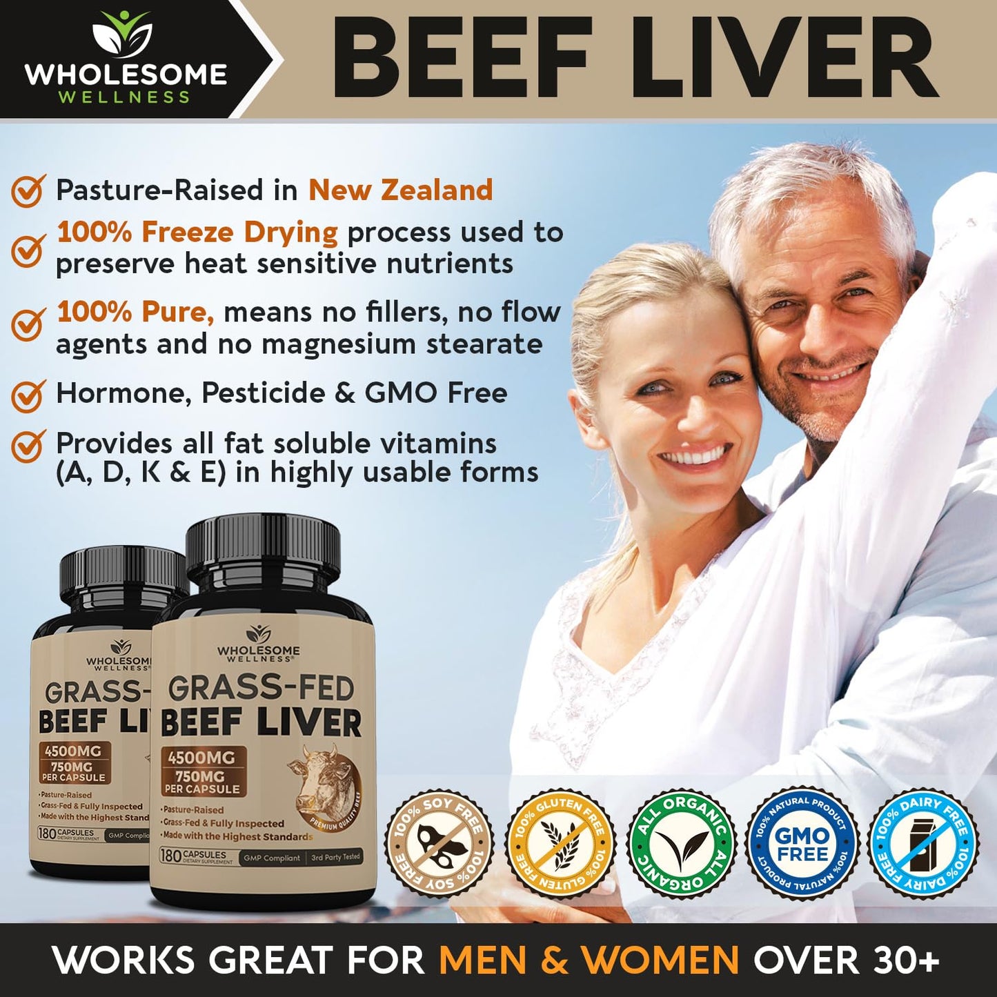 Wholesome Wellness Grass Fed Desiccated Beef Liver Capsules (750mg Each) 180 Count