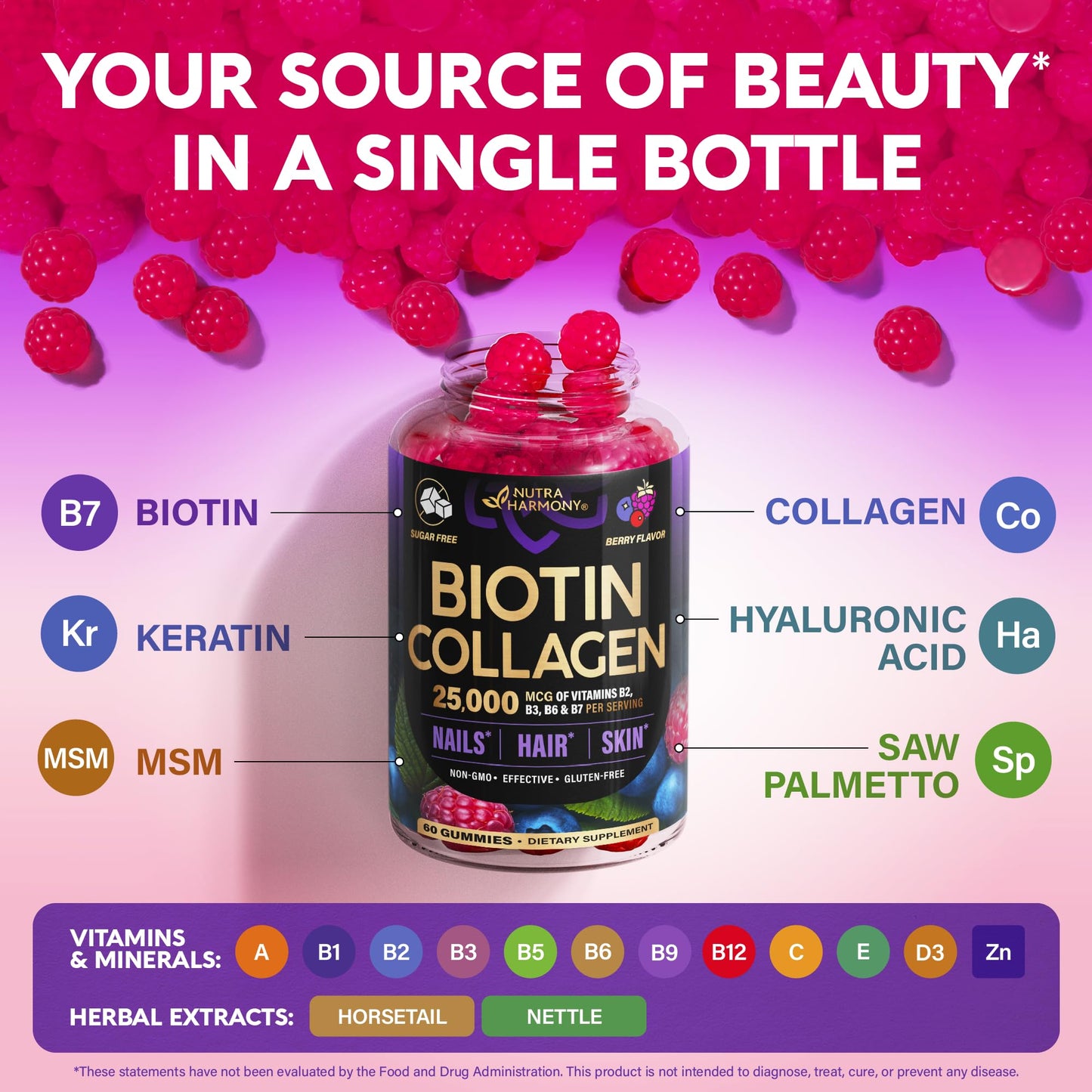 NUTRAHARMONY Biotin Gummies with Collagen for Hair Growth Support, Skin & Nail Strength - Biotin 10000mcg, Keratin, Hyaluronic Acid, B-Complex, Nettle - Sugar-Free, Mixed Berry, 60 Gummies