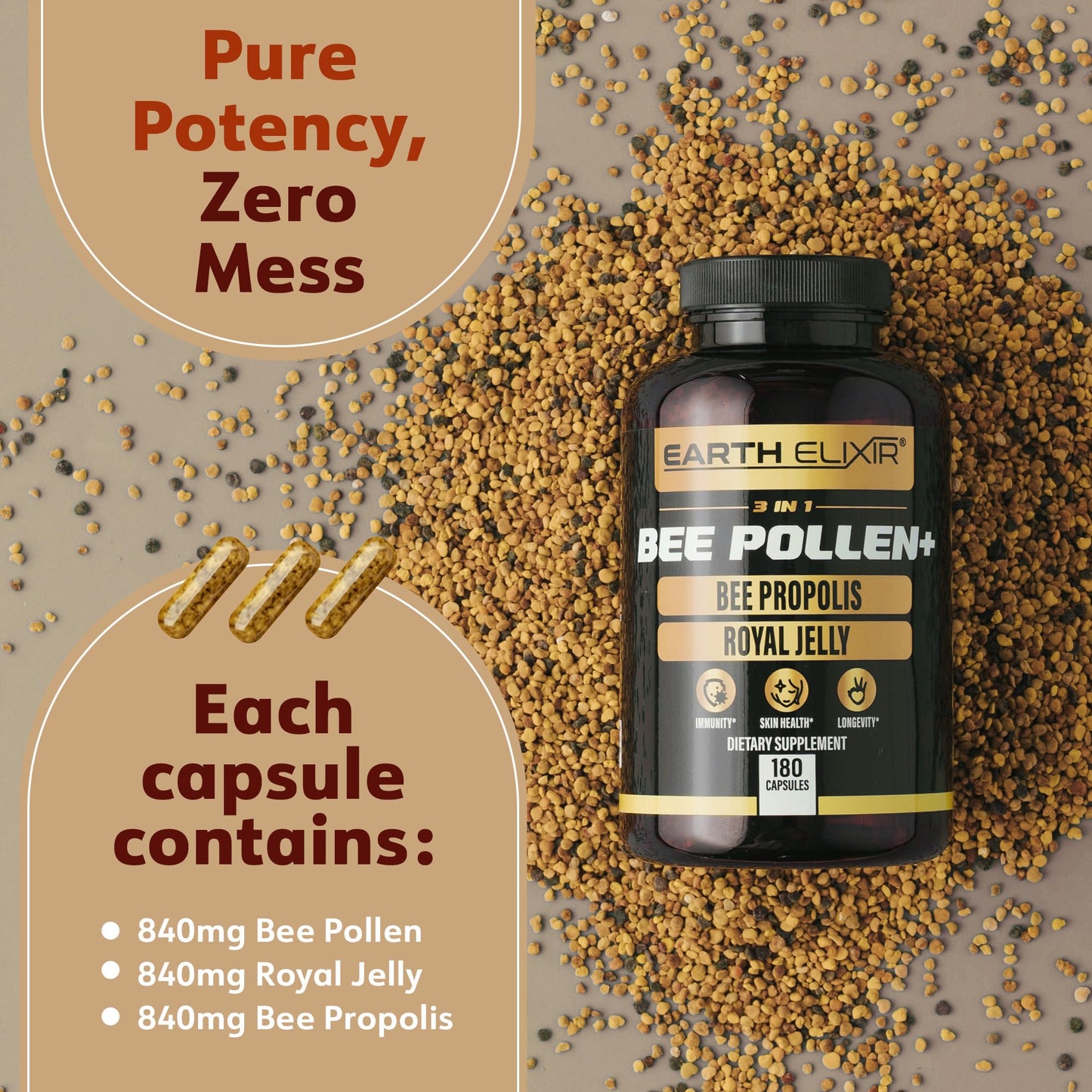 Earth Elixir 3-in-1 Organic Bee Pollen Capsule 180 Count