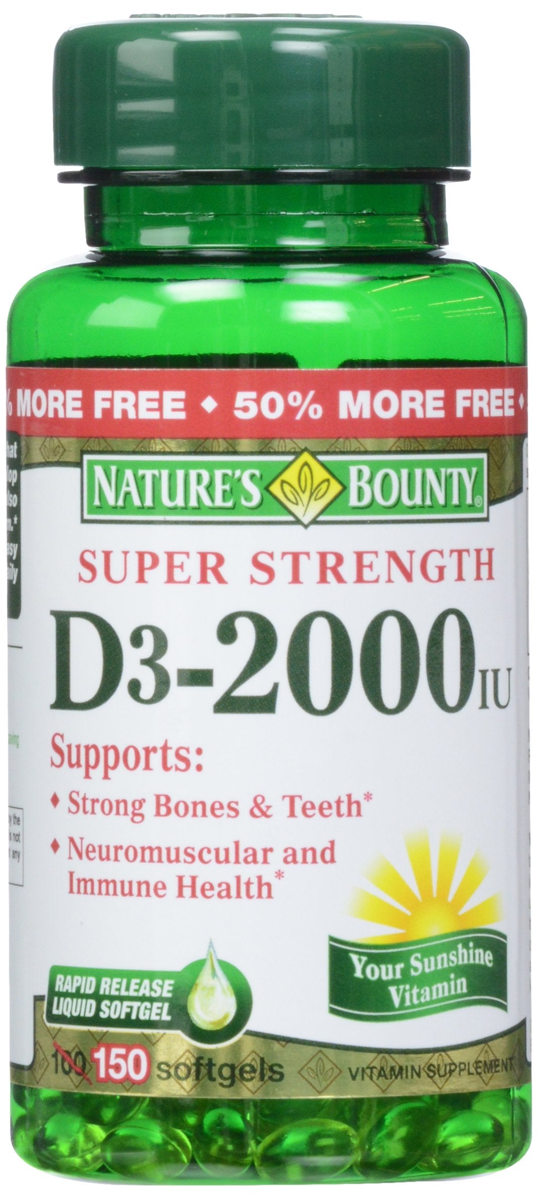 Nature's Bounty Vitamin D3 2000 IU Softgels, 150 Count