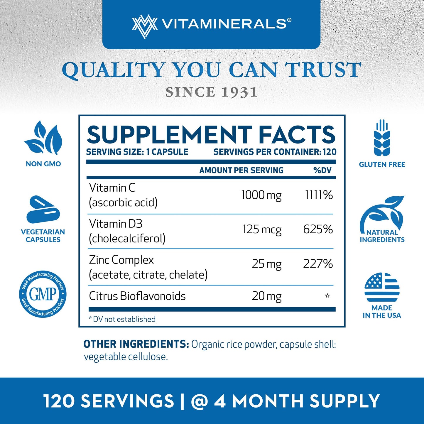 Vitaminerals CDZ Vitamin C 1000mg, Vitamin D3 125mcg, Zinc Complex 25mg Capsules, 120 Count