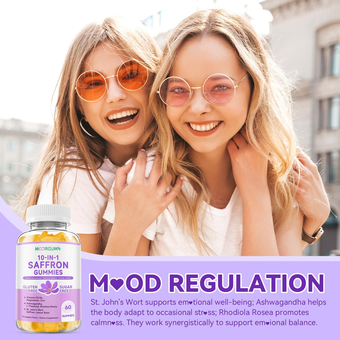 MOORGUMY Saffron Gummies for Adult Kids, 10-IN-1 Cortisol Support Supplement with Saffron 88.5mg, Vitamin D3, B6, Magnesium, Zinc, Ashwagandha, L-Theanine, St. John's Wort, For Emotions, Slumber, 60 Gummies