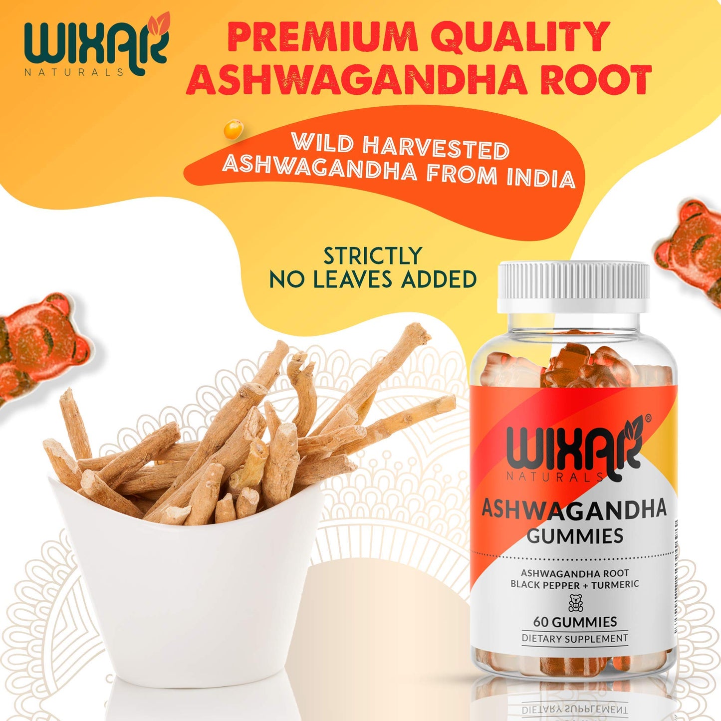 WIXAR NATURALS Ashwagandha Gummies with Turmeric and Black Pepper Extract - Herbal Gummy Supplement, 60 Gummies