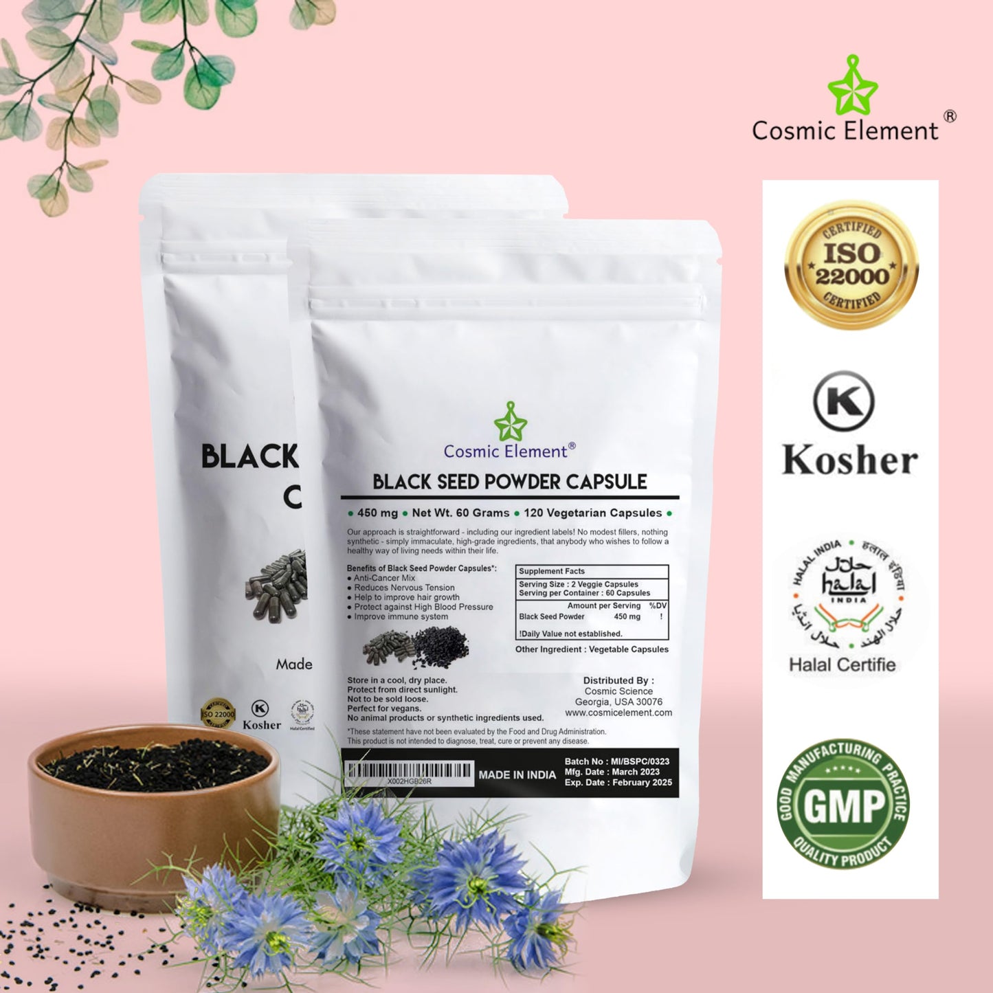Cosmic Element Black Seed Powder Organic Vegan Nigella Sativa 450mg, 120 Capsules
