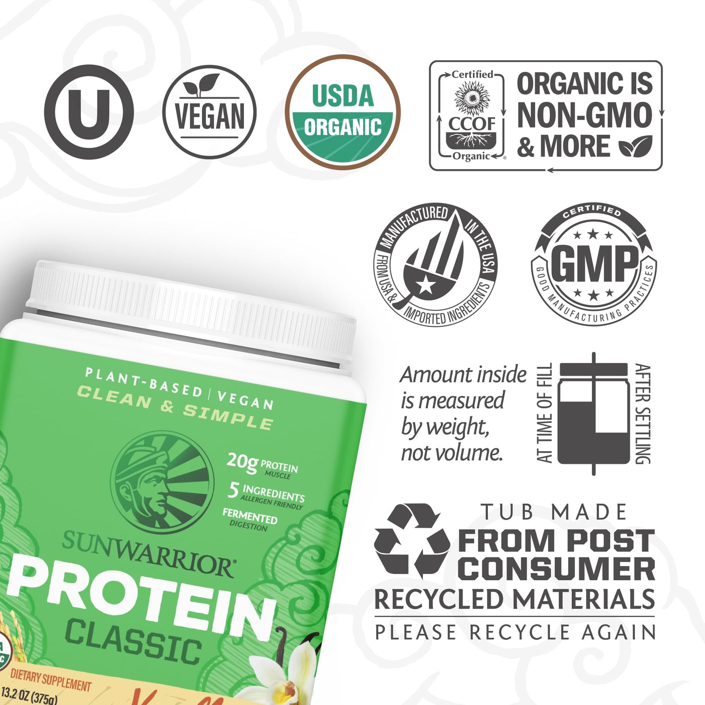 Sunwarrior Organic Classic Vanilla Protein Powder, 13.2 Ounce