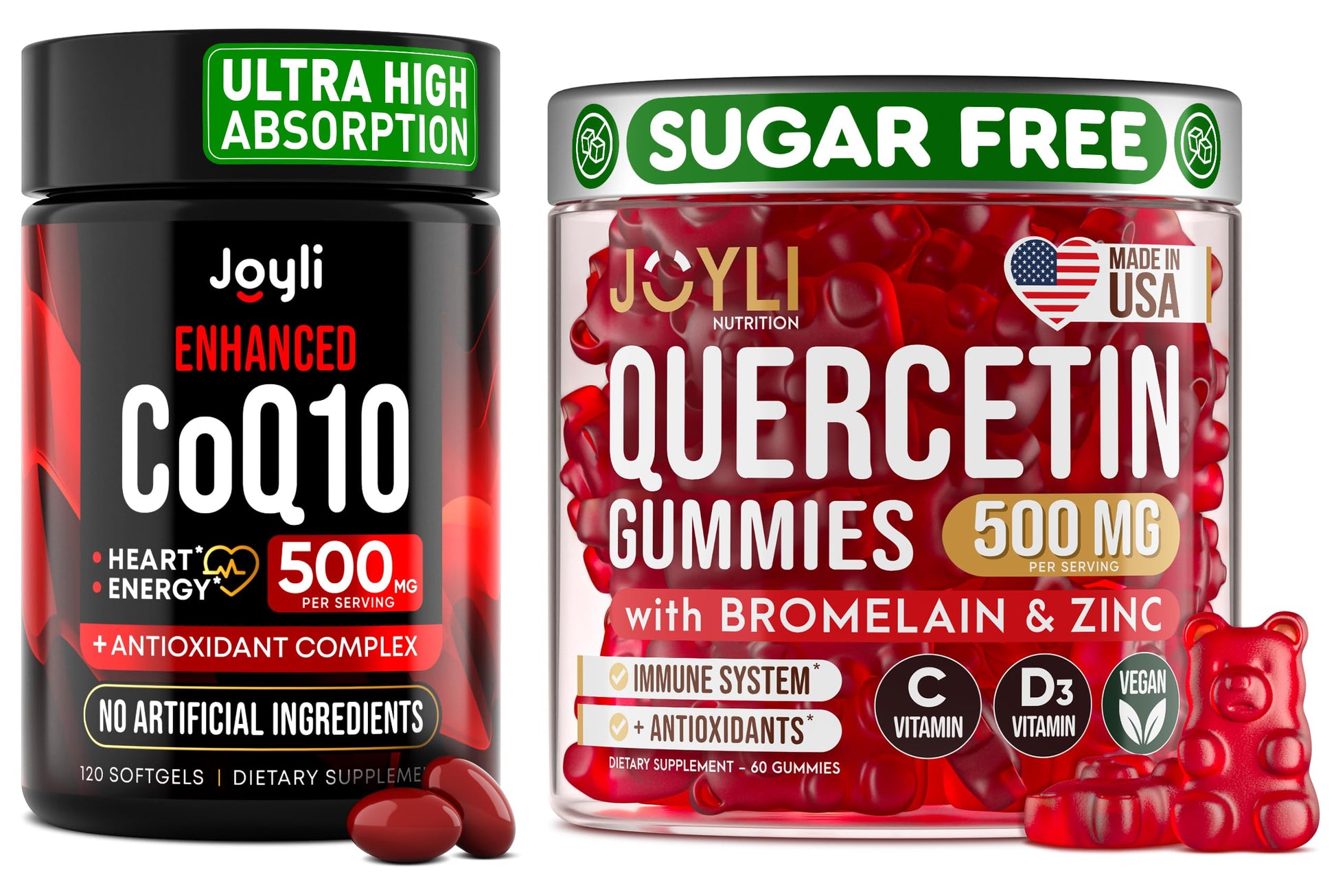 JOYLI Nutrition Quercetin with Bromelain & CoQ10 500mg Bundle – CoQ10 Softgels (120) + Sugar-Free Quercetin Gummies with Zinc, Vitamin C & D3 (60) – 180 Total Units