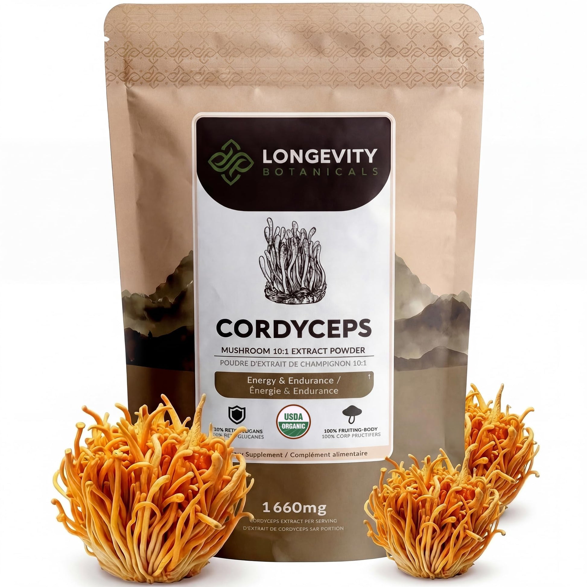 Longevity Botanicals Organic Cordyceps Mushroom Powder Supplement Extract Cordyceps Militaris Fruiting Body, ≥30% Beta-D-Glucans, 3.53 oz