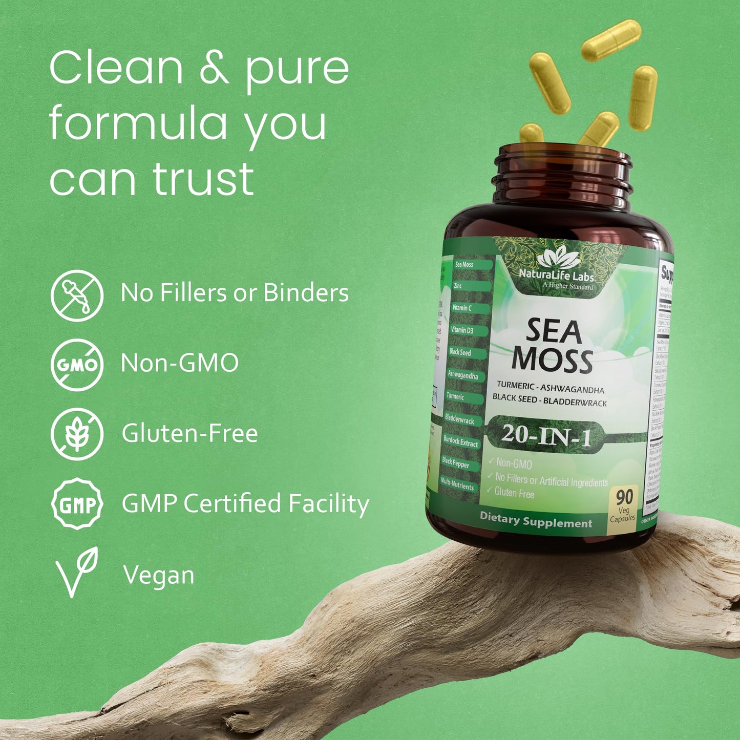 NaturaLife Labs Sea Moss & Black Seed Oil Complex with Bladderwrack, Turmeric, Ashwagandha, Burdock, Vitamin C & D3, Yellow Dock Root, Manuka, Dandelion, 90 Capsules