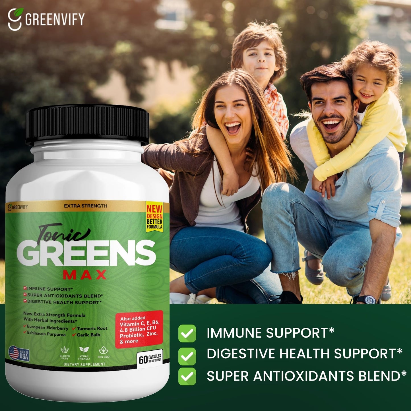 GREENVIFY Tonic Greens Max Extra Strength Immune Support Supplement 60 Capsules