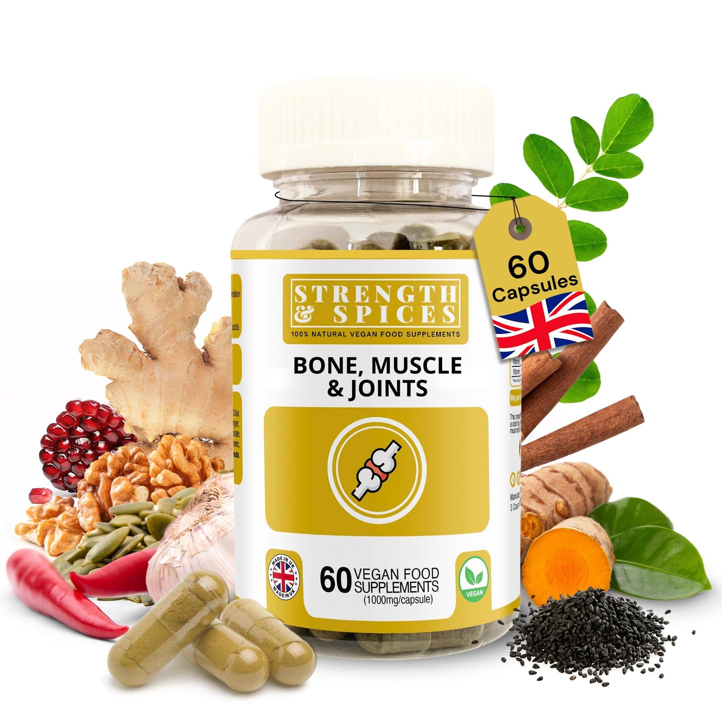 STRENGTH & SPICES Bone, Muscle & Joints 100% Natural Turmeric Supplement, 60 Capsules