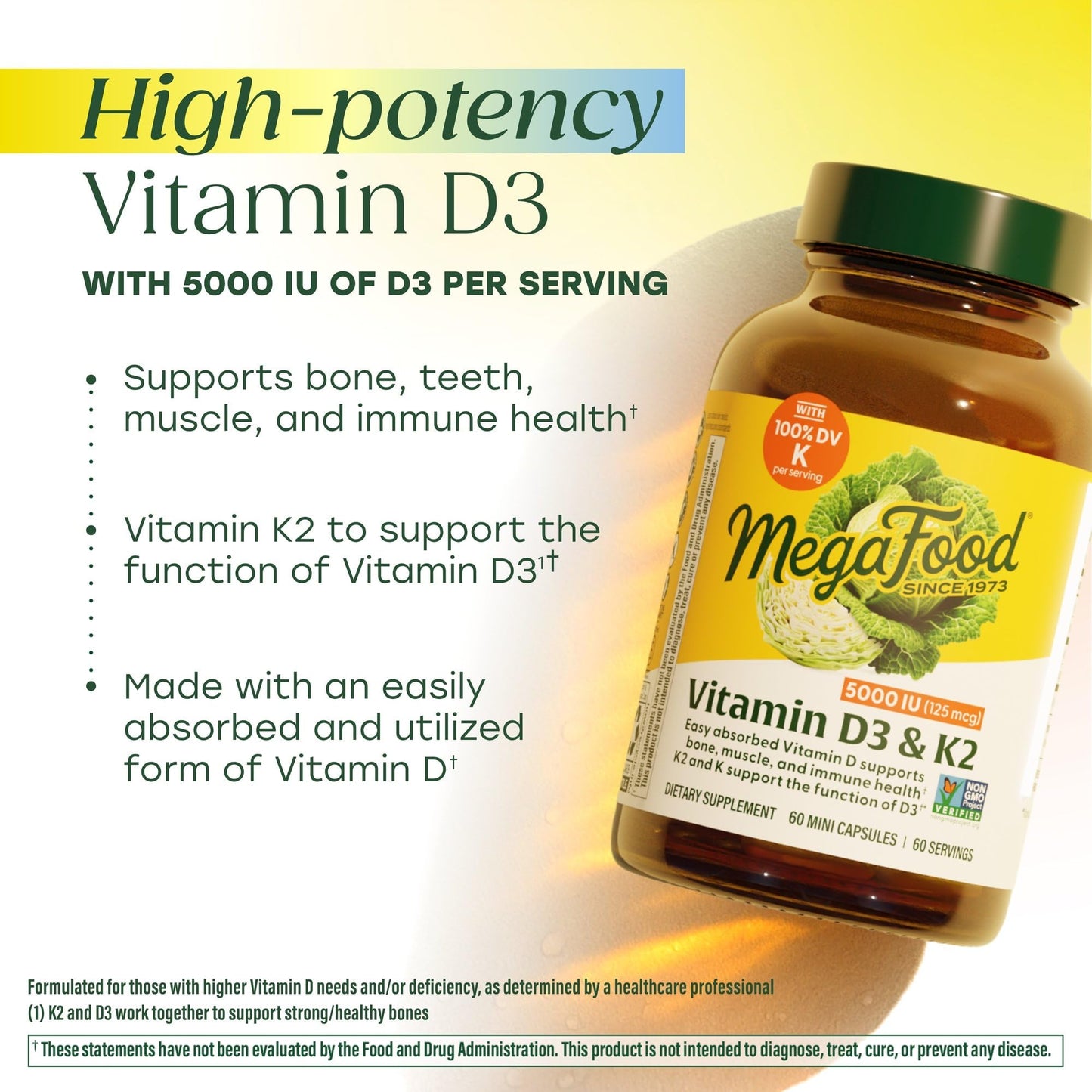 MegaFood Vitamin D3 5000 IU (125 mcg) - Vegetarian Supplements with Vitamin D3 K2 - Supports Bones, Teeth, Muscles & Immune Health Capsules, 120 Count