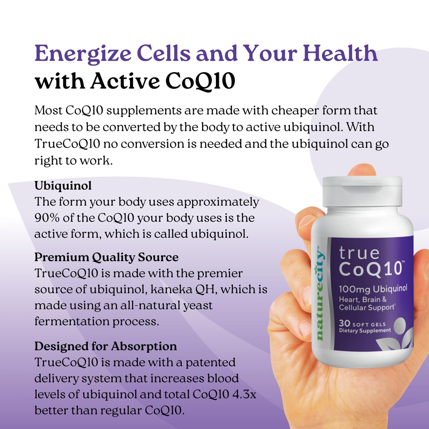 NatureCity True-CoQ10 Ubiquinol 100mg Highly Absorbable and Stabilized Kaneka QH CoQ10 Heart, Brain and Cellular Energy Supplement Softgels 30