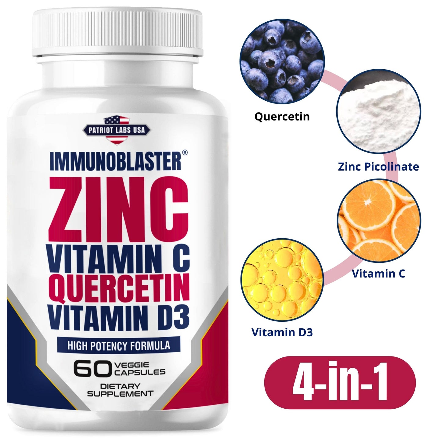 IMMUNO BLASTER Zinc Quercetin Vitamin C 800 mg with Vitamin D3 Antioxidant Immune Support High Potency Quercetin Zinc Supplement Capsule, 60 Count