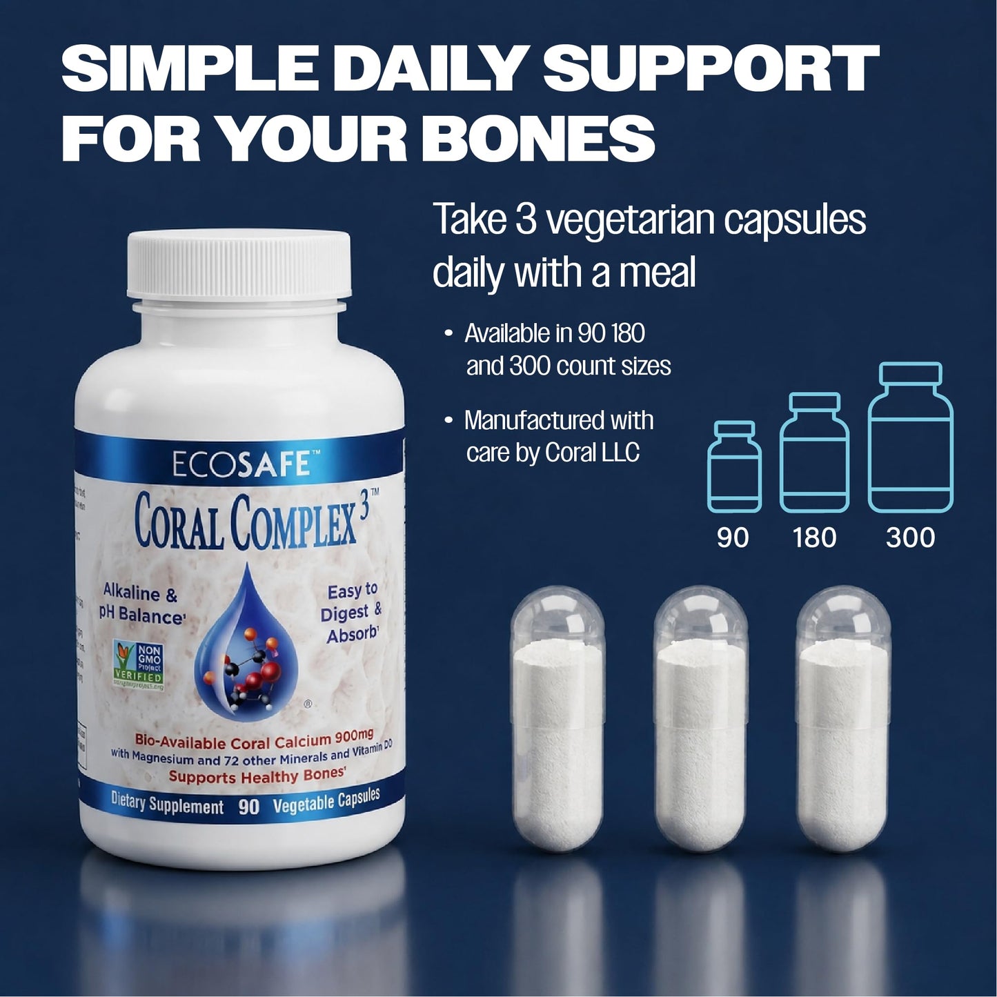 Coral White Coral Complex 3 Calcium Supplement Vitamin D3 & Magnesium 900 mg Bioavailable Coral Calcium for Bone Strength, Joint Support & pH Balance, Trace Minerals, Non-GMO, 180 Capsules
