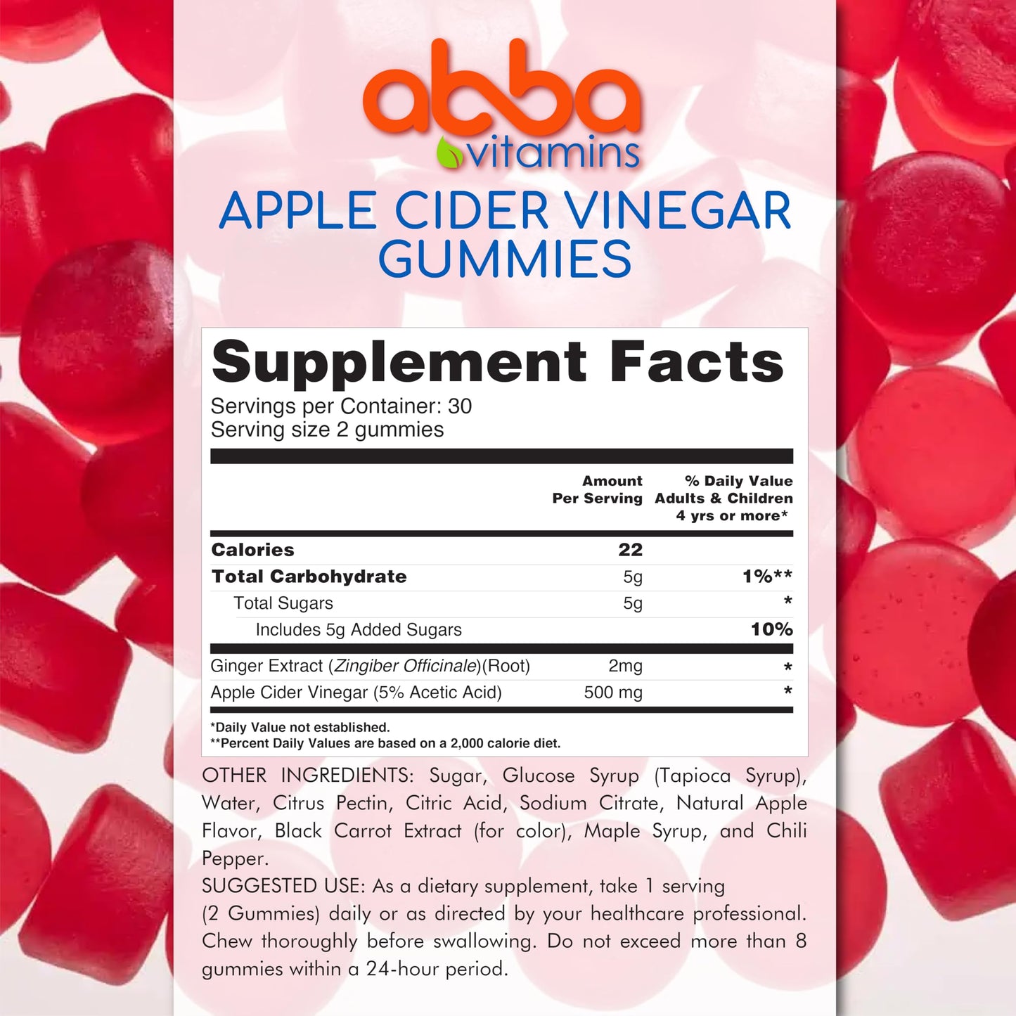 Abba Vitamins Apple Cider Vinegar with Ginger Gummy, 60 Count