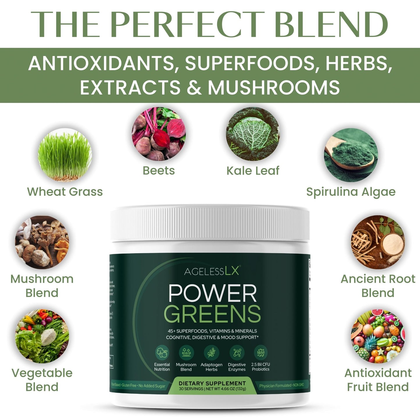 AgelessLX Power Greens Powder, 4.66 Ounce