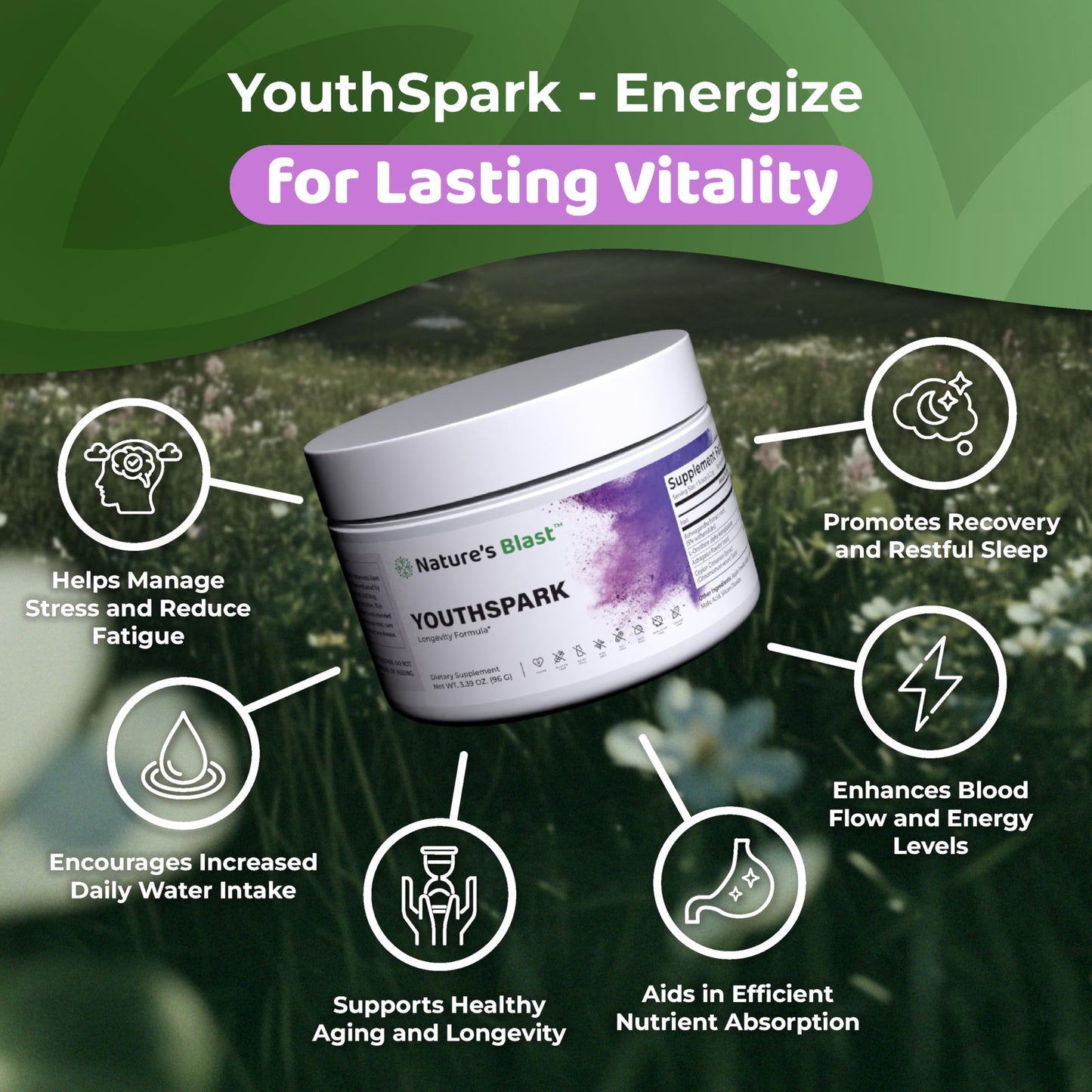 NATURES BLAST YouthSpark Longevity Supplement with Ashwagandha Root Extract (600mg), Astragalus & Cinnamon Powder, 3.39 oz