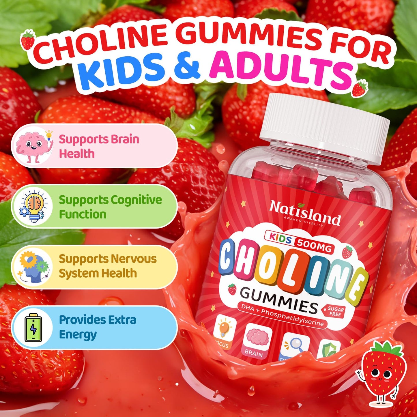 NATISLAND Choline Gummies 500mg with DHA, Phosphatidylserine for Brain Health, Focus, Immune Support, Sugar-Free, Vegan, Strawberry Flavor, 120 Gummies