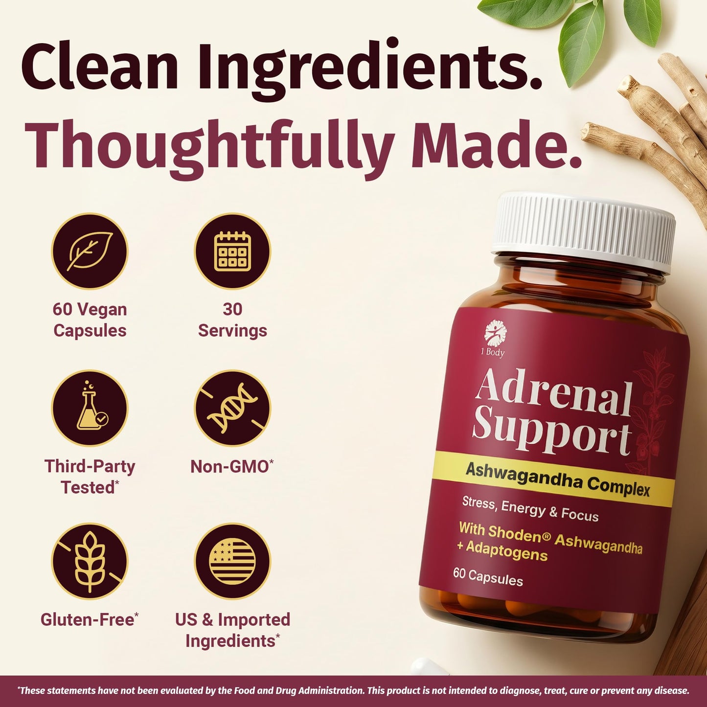 1 Body Adrenal Support Complex with Ashwagandha & Adaptogens, 120 Capsules