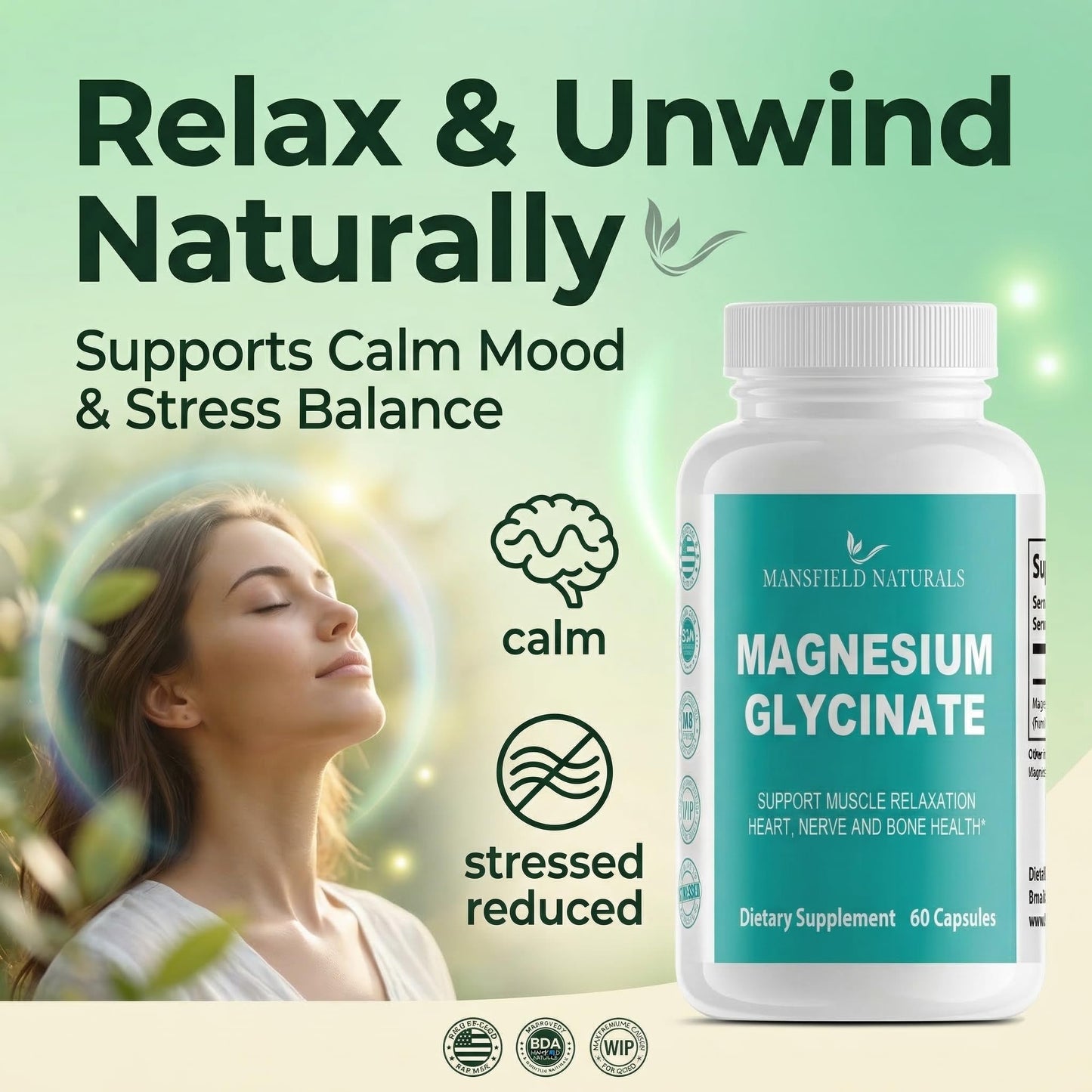 Mansfield Naturals Magnesium Glycinate Supplement Capsules 60 Count