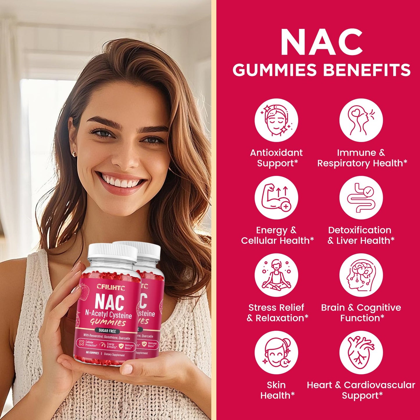 CFILIHTC NAC Gummies 600mg with N-Acetyl Cysteine, Glutathione, Resveratrol, Magnesium, CoQ10 for Antioxidants & Immune Support, Strawberry Flavor, 60 Gummies