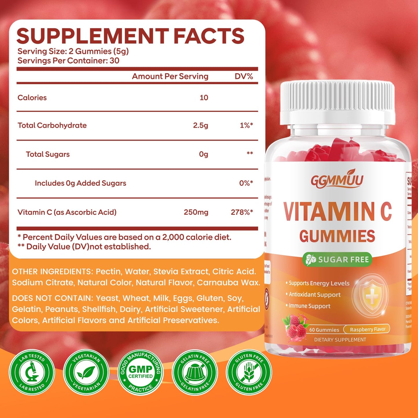 GGMMUU Sugar Free Vitamin C Gummies 250mg Chewable Gummy, 60 Count